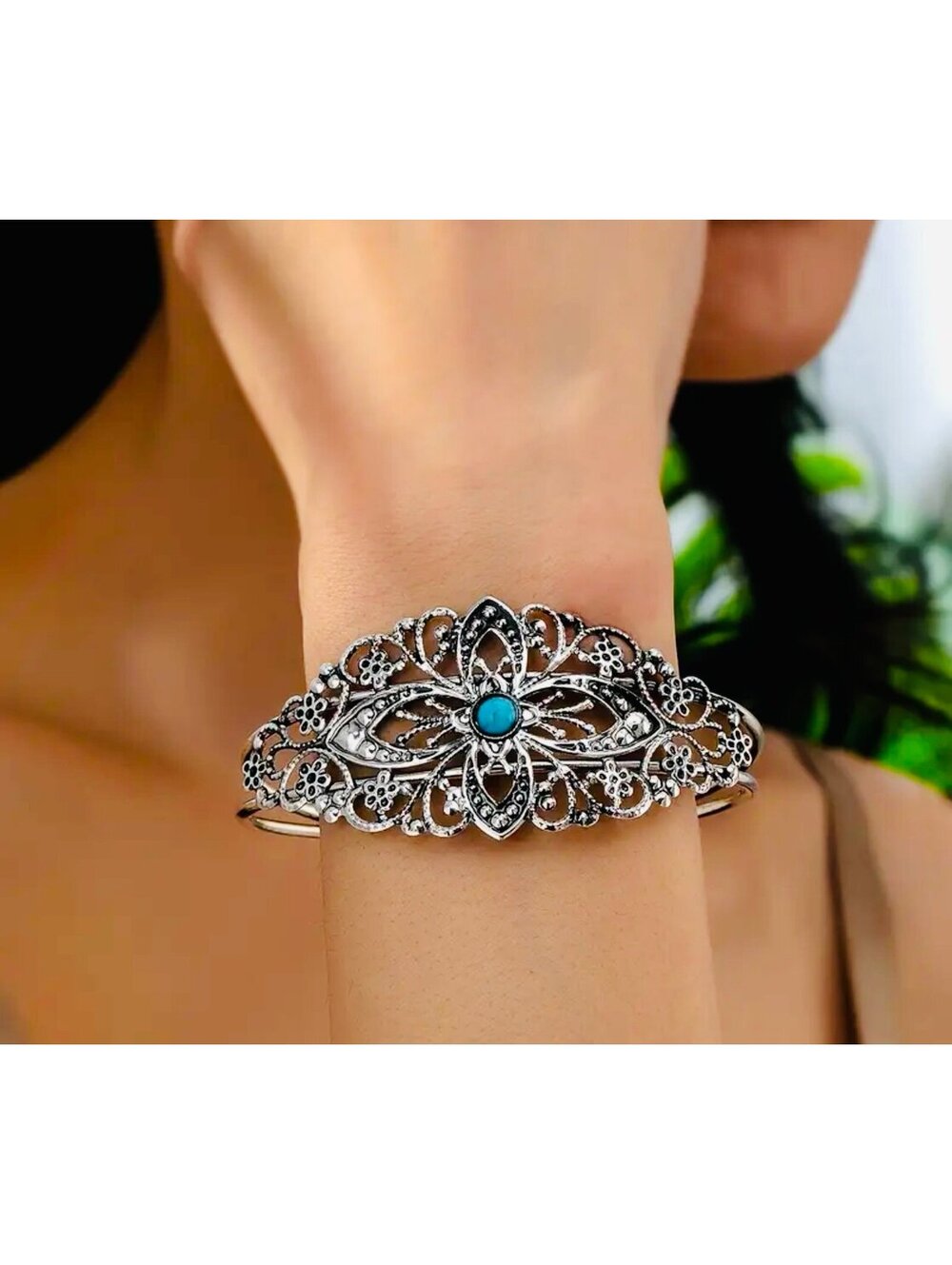 New - Elegant -Vintage Style Geometric Open Cuff Bracelet with Turquoise accents